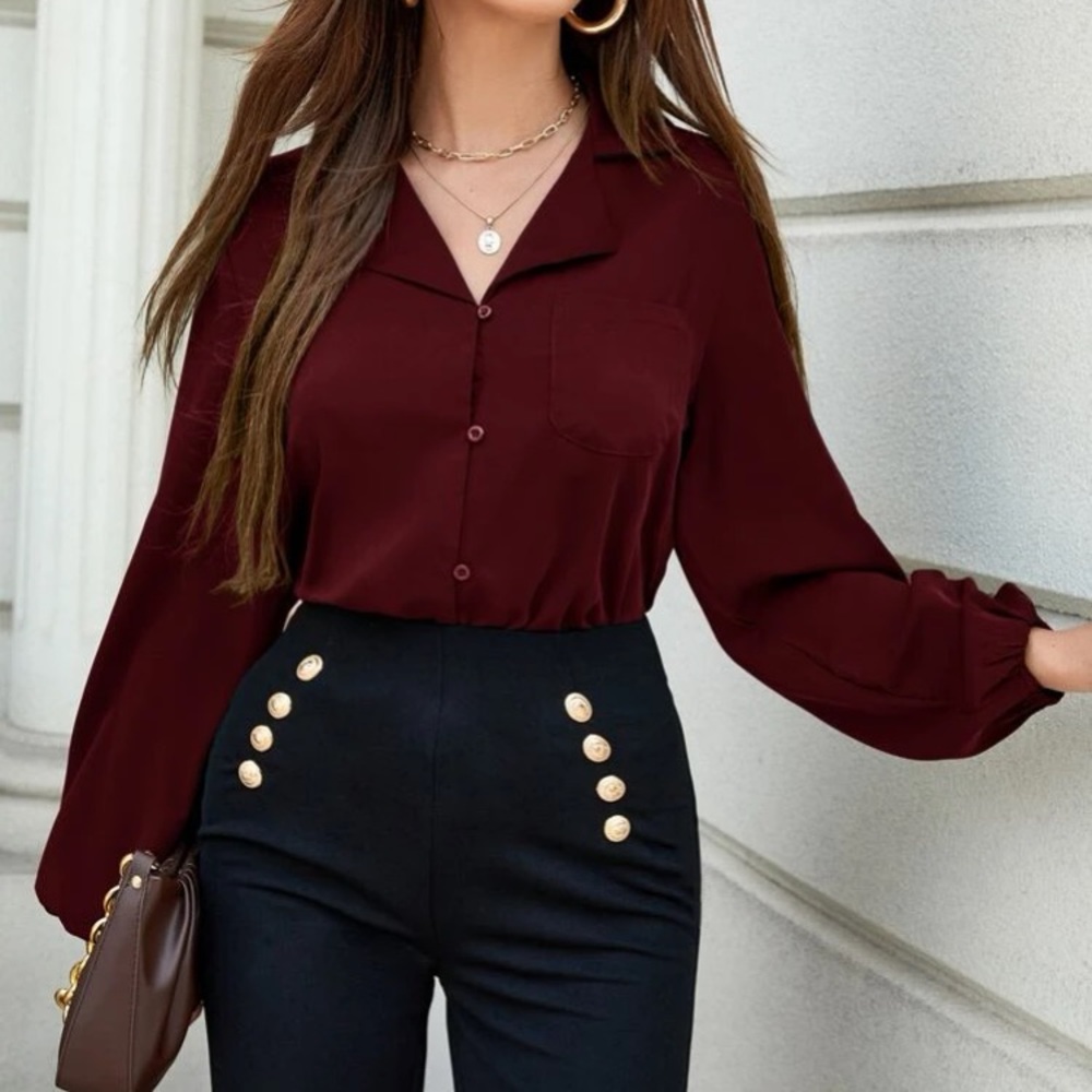 Luxe burgundy lantern sleeve patched pocket  blouse